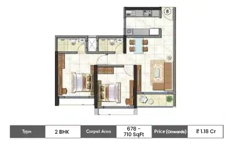 Kanakia Beverly Heights 2 BHK floor plan, 678 sq ft carpet area